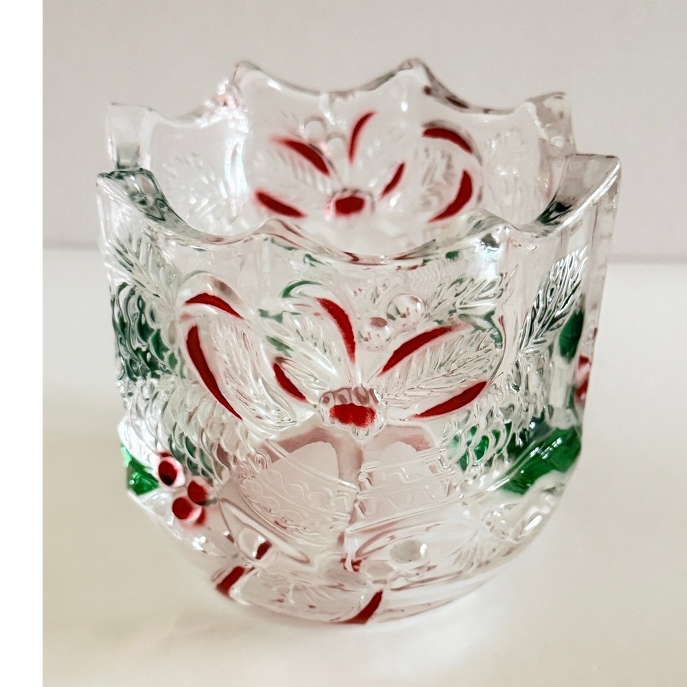 Mikasa Holiday Bells Crystal Glass Votive Holder Red Green Christmas Decor Box